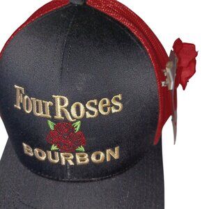 Trucker Hat Four Roses Bourbon Black Red Gold w/ Rose Hat Pin Mesh Snapback Cap